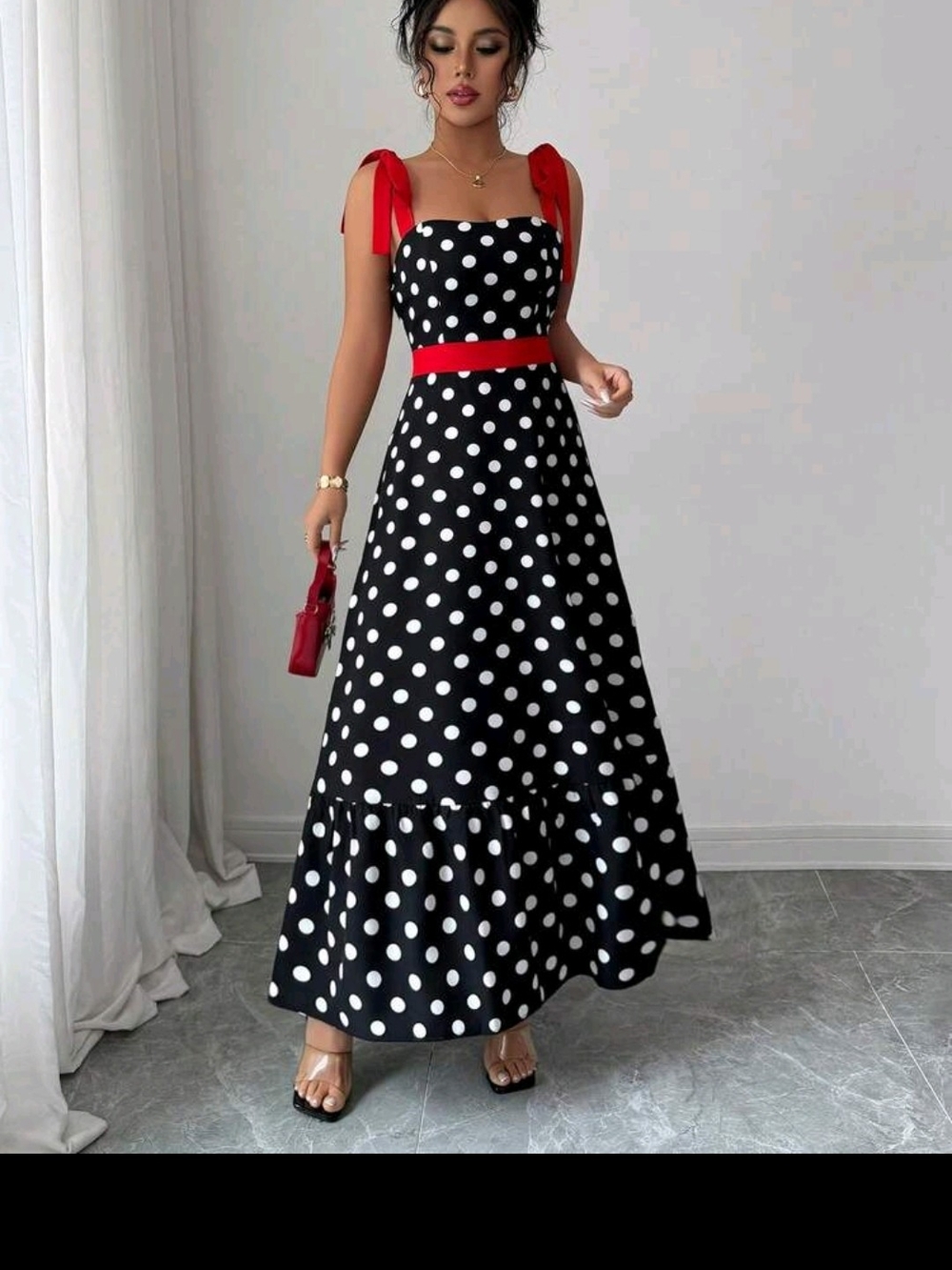 Polka Dot Maxi Dress with Red Accents